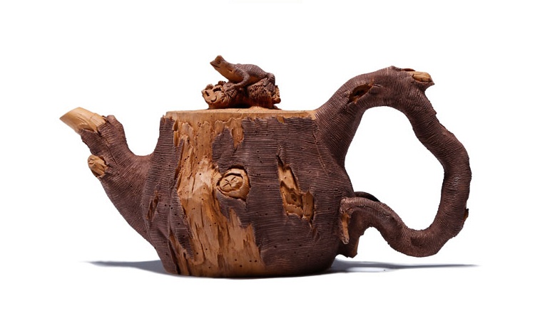 仿木外皮紫砂壺，創(chuàng)意木樁手工雕刻紫砂壺